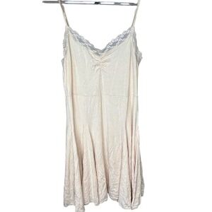 Urban Outfitters Slip Dress Medium Lace Trim Gathered V Neck Mini Cream